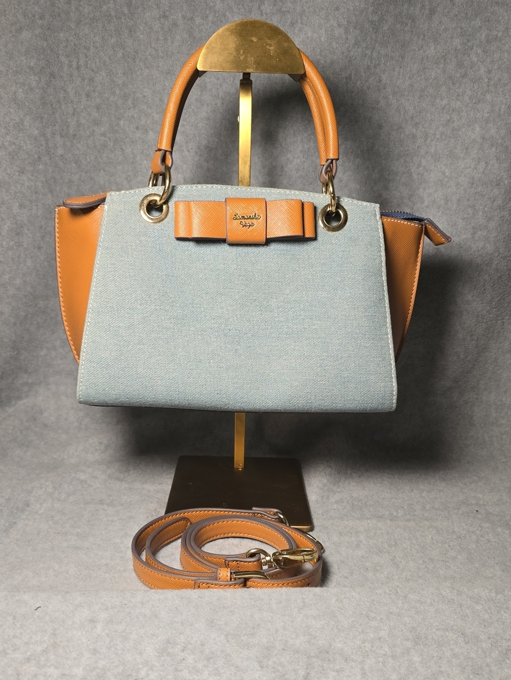 Light Blue Denim & Tan Leather Bow-Trim Satchel